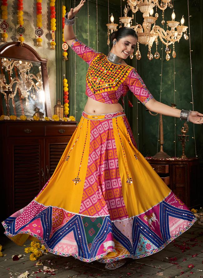 Muslin Cotton Yellow Navratri Wear Printed Ready To Wear Lehenga Choli